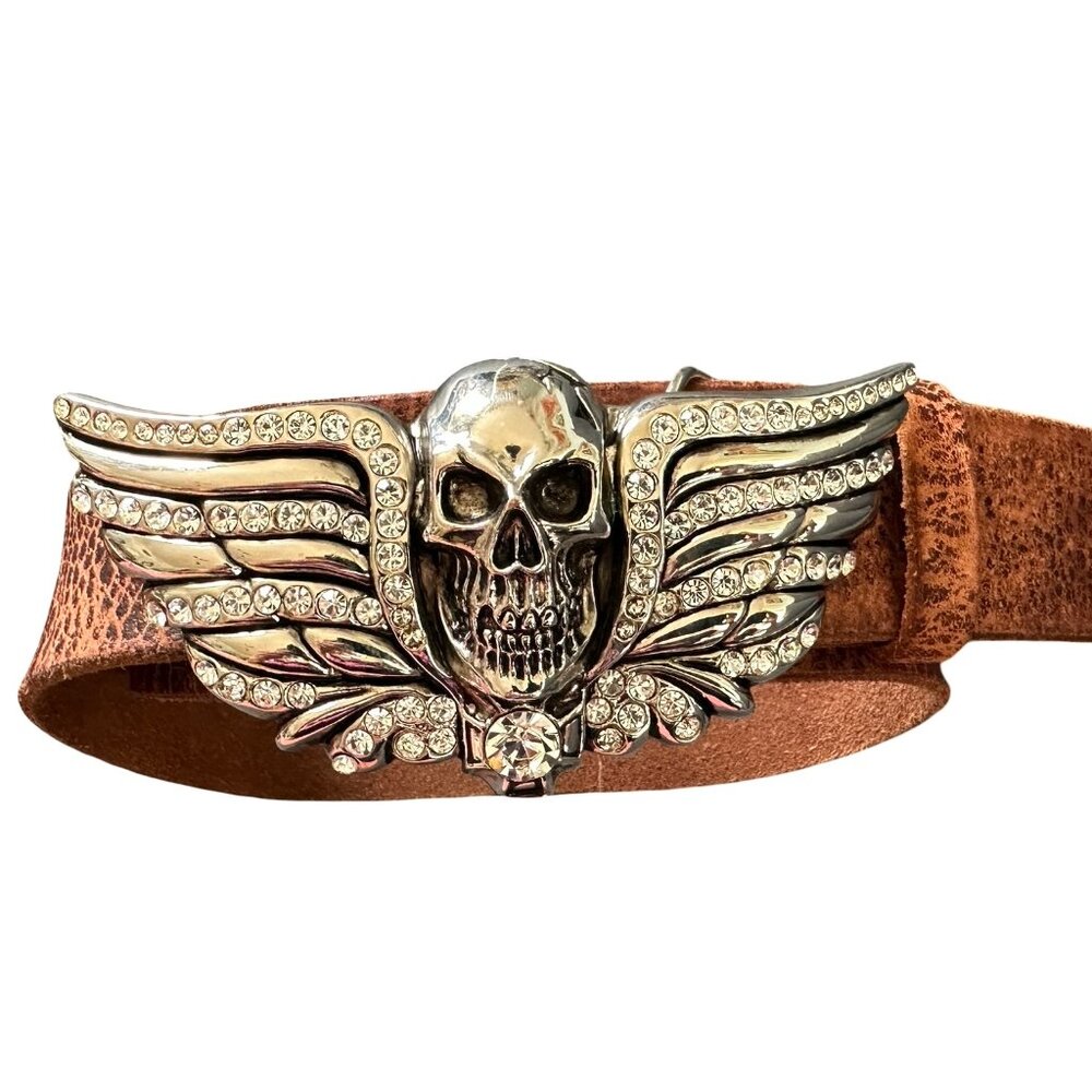 WASHED UP HOLLYWOOD SILVER CRYSTAL SKULL HEAD BELT BUCKLE 34"